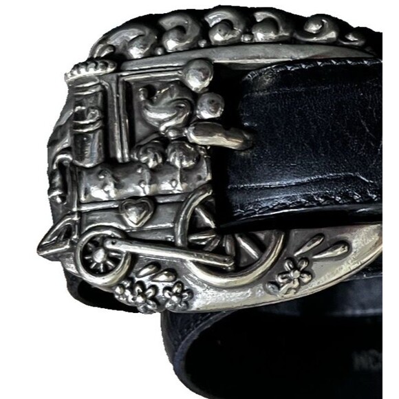 Vtg Brighton Mickey & Co Black Leather Belt 4pc Silver Train Buckle Women's 28 - Picture 4 of 11